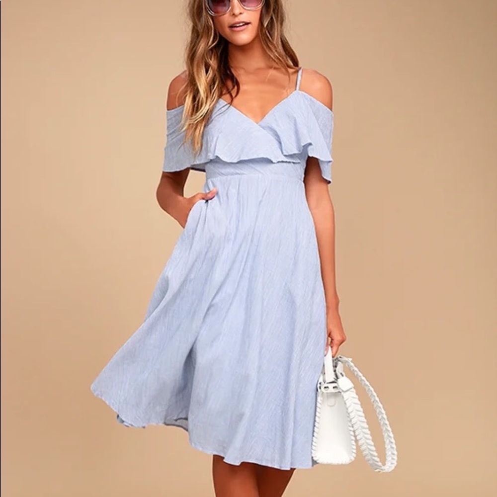 Lulu’s Yacht Rock Blue & White Striped Off-the-Shoulder Midi Dress
